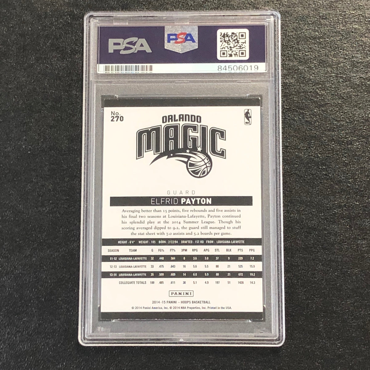 Back of Elfrid Payton NBA Hoops #270 card in PSA/DNA holder