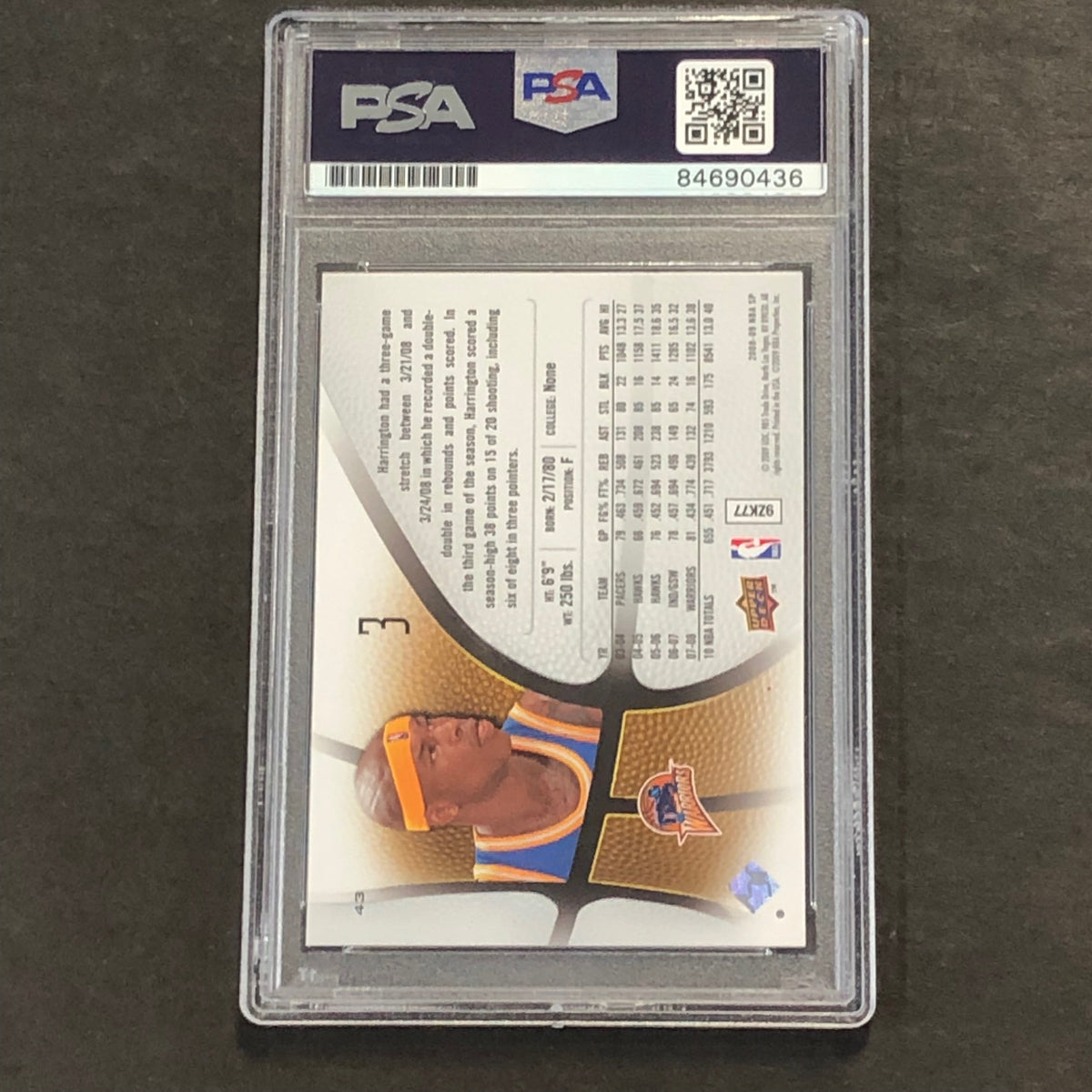 Back of Al Harrington SP Authentic #43 card in PSA/DNA holder