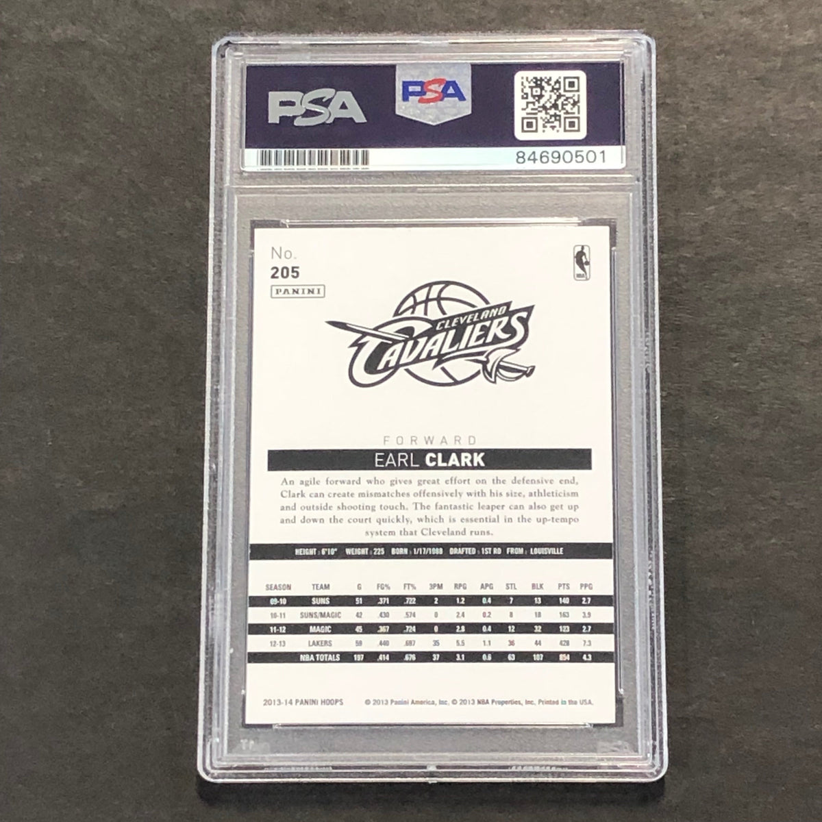 Back of Earl Clark NBA Hoops #205 card in PSA/DNA holder