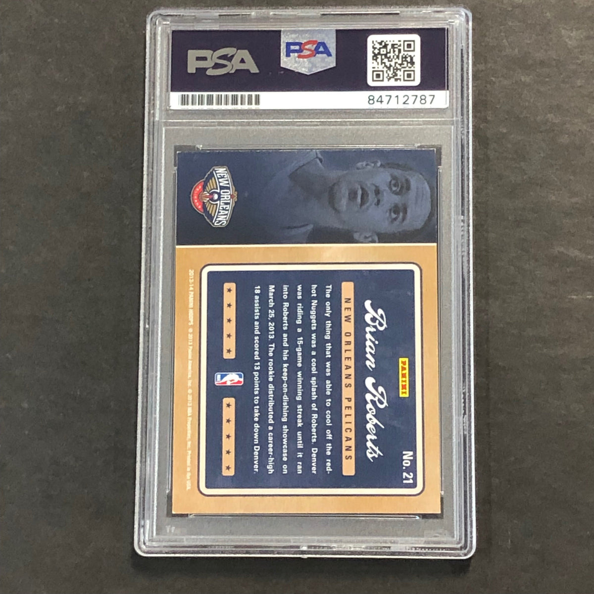 Back of Brian Roberts 2013-14 Hoops Dreams #21 card in PSA/DNA holder