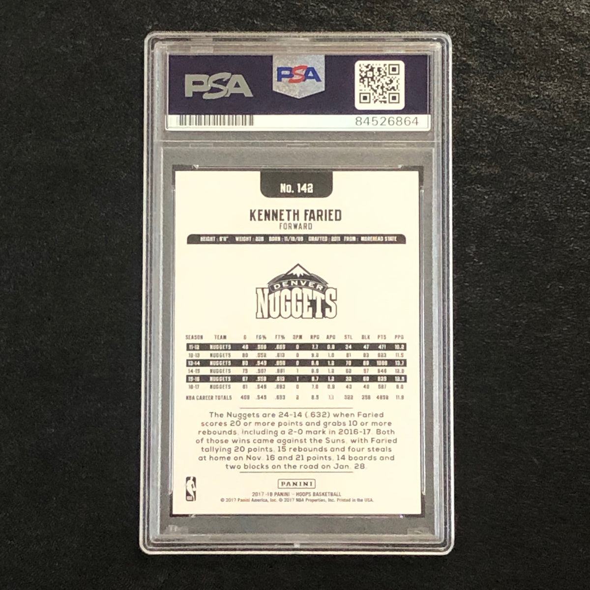 Back of Kenneth Faried NBA Hoops #142 card in PSA/DNA holder