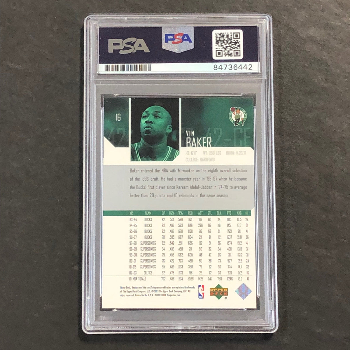 Back of Vin Baker 2003-04 Upper Deck #16 card in PSA/DNA holder