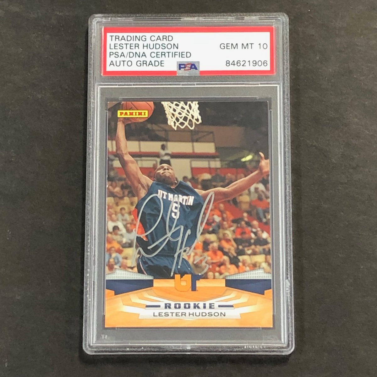 Front of Lester Hudson Panini #348 signed card in PSA/DNA holder