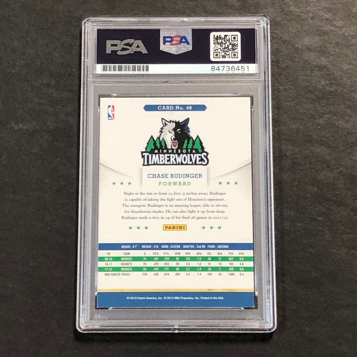 Back of Chase Budinger 2012-13 Hoops #48 card in PSA/DNA holder