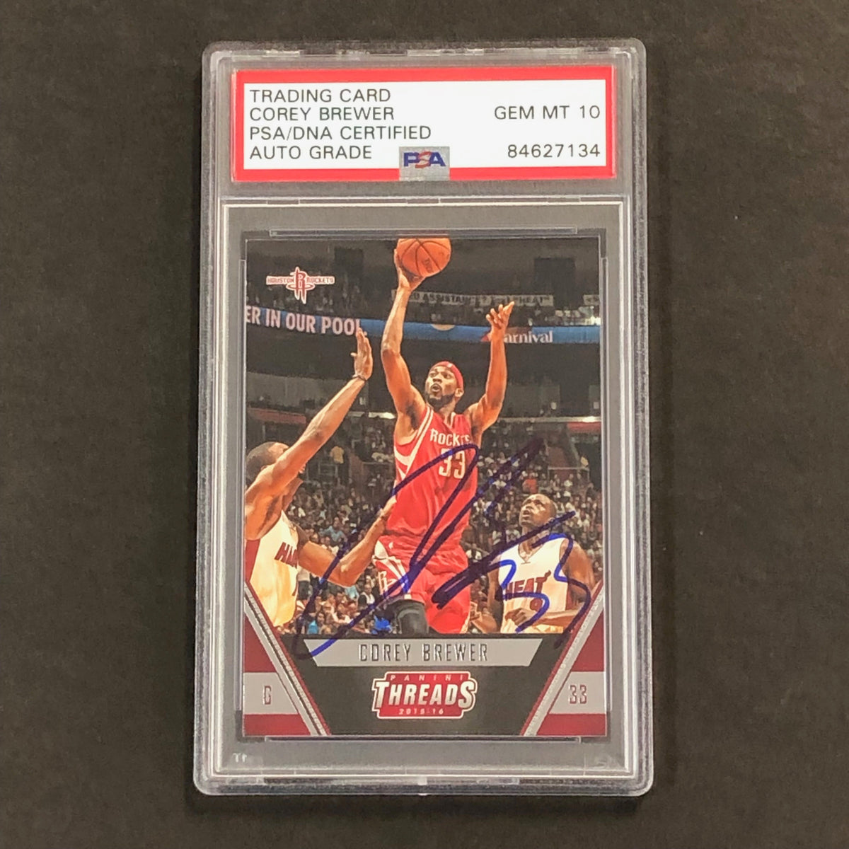Front of Corey Brewer Threads #134 signed card in PSA/DNA holder