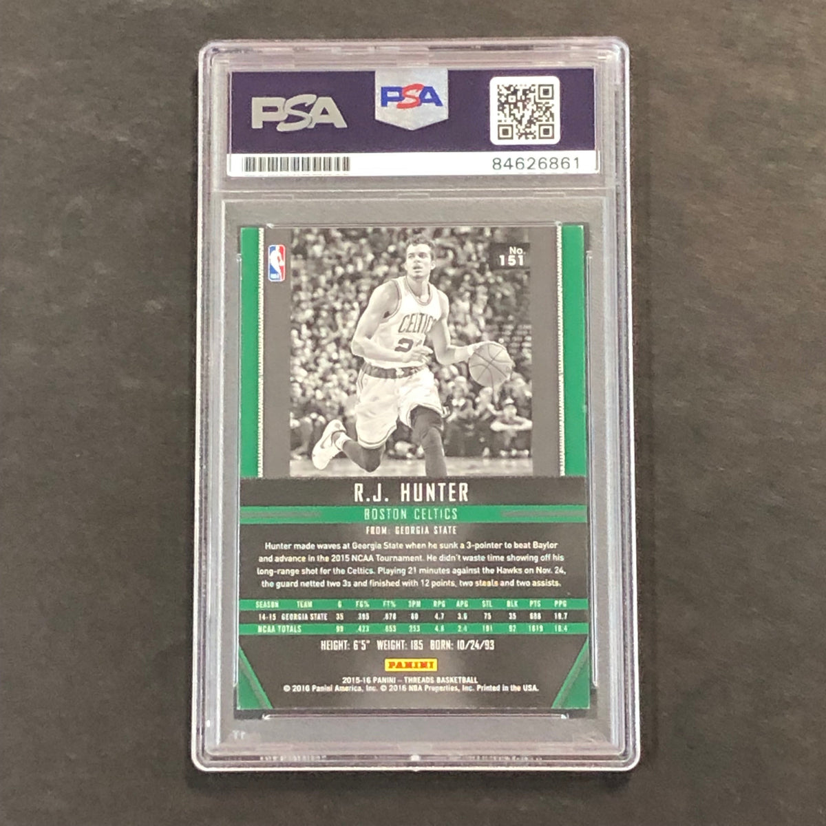 Back of RJ Hunter Threads #151 card in PSA/DNA holder