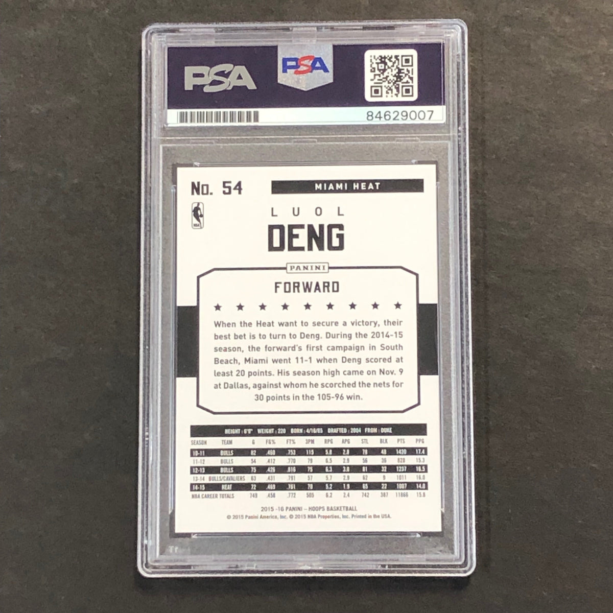 Back of Luol Deng NBA Hoops #54 card in PSA/DNA holder