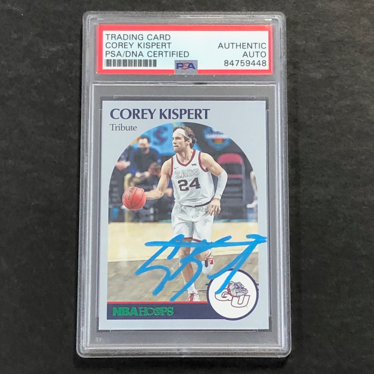 Front of Corey Kispert Hoops Tribute #58 signed card in PSA/DNA holder