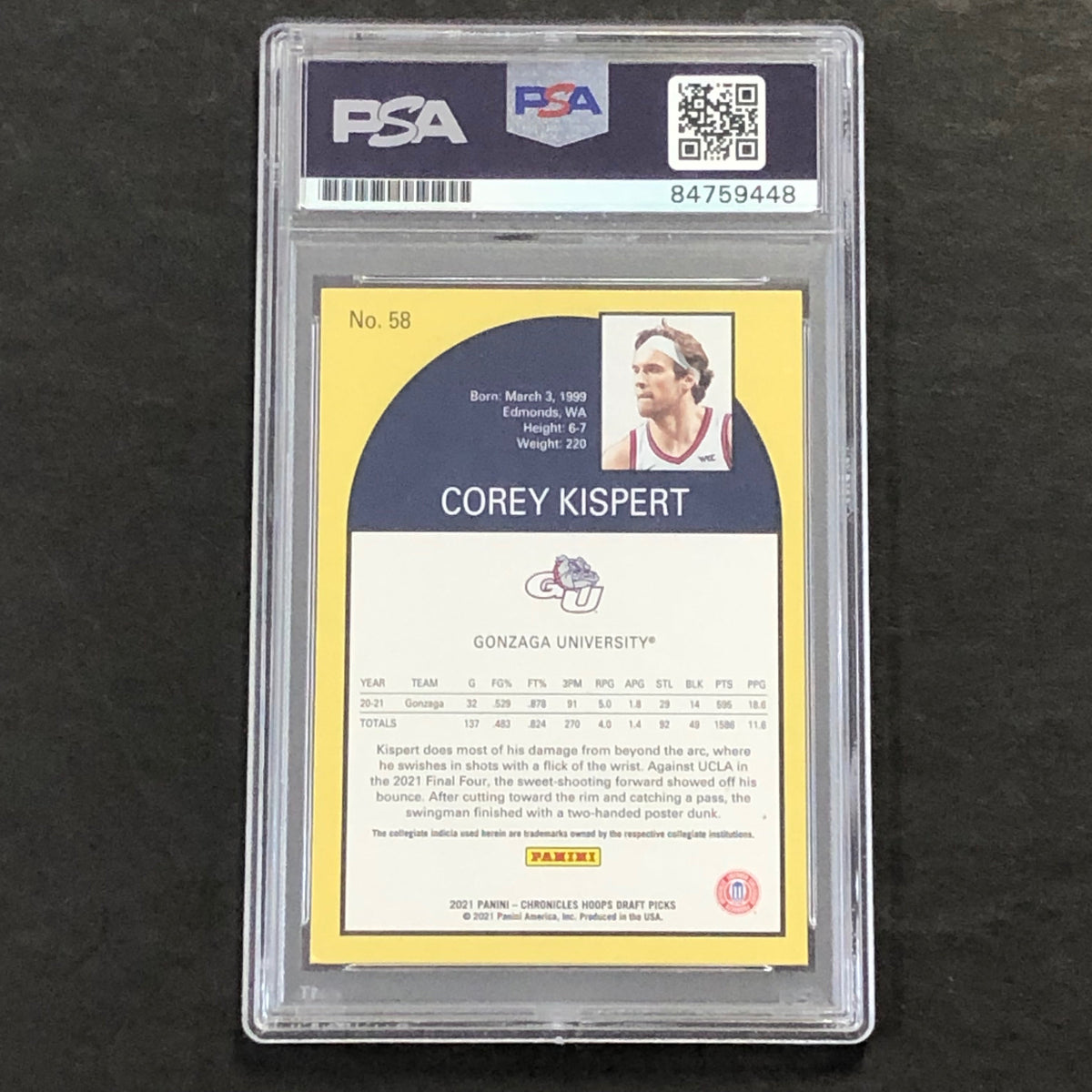 Back of Corey Kispert Hoops Tribute #58 card in PSA/DNA holder
