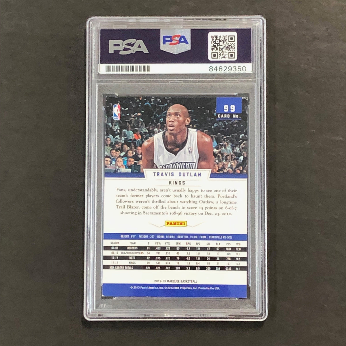 Back of Travis Outlaw Marquee #99 card in PSA/DNA holder