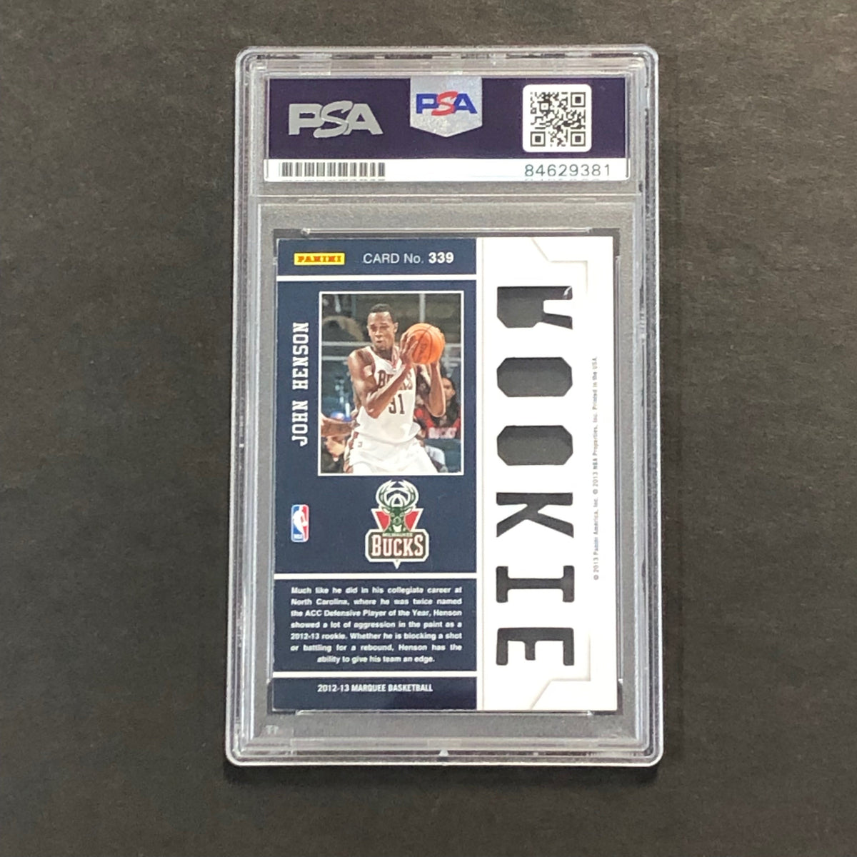 Back of John Henson Marquee #339 card in PSA/DNA holder