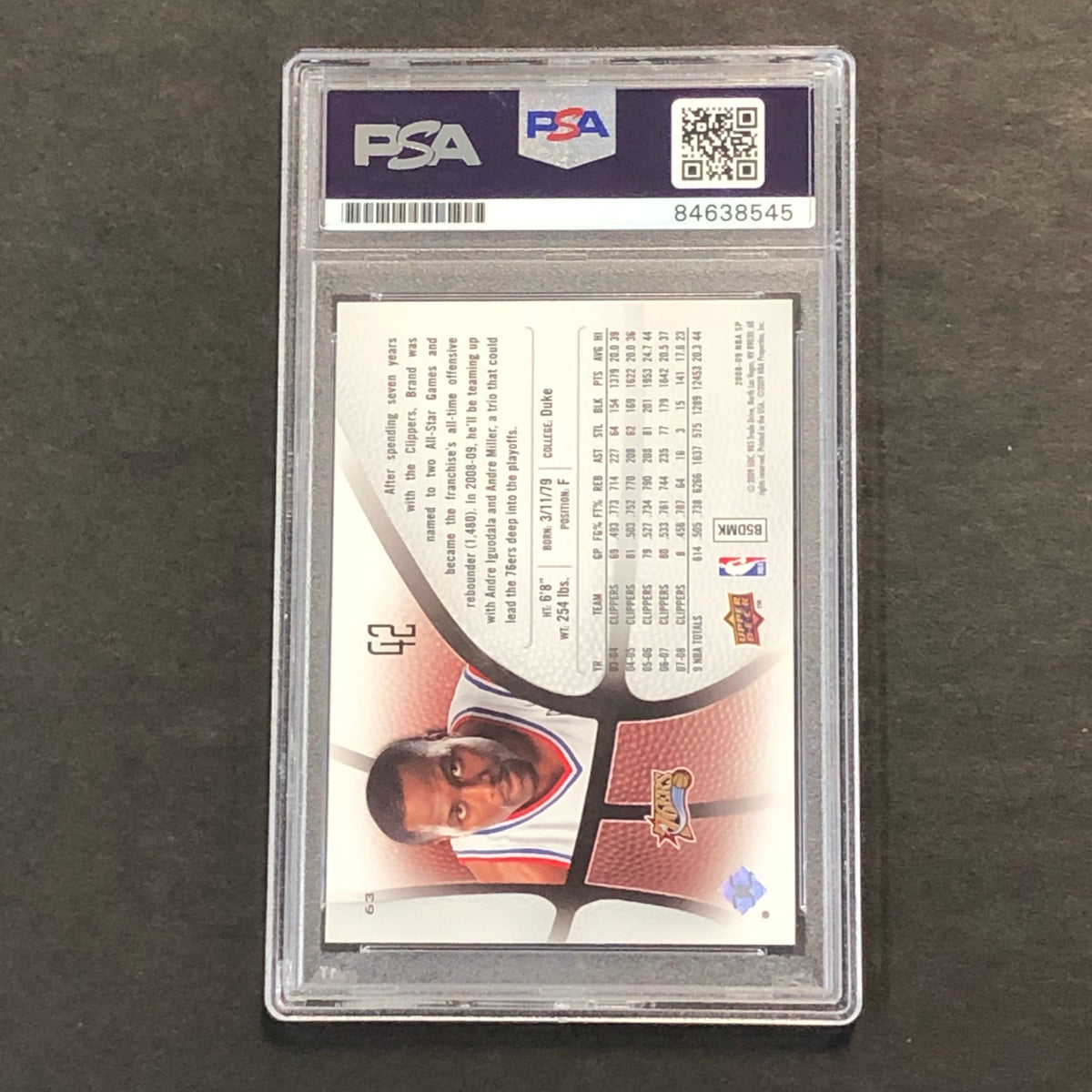 Back of Elton Brand Upper Deck SP #63 card in PSA/DNA holder