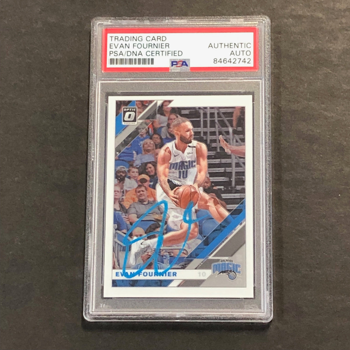 Front of Evan Fournier Donruss Optic #15 signed card in PSA/DNA holder