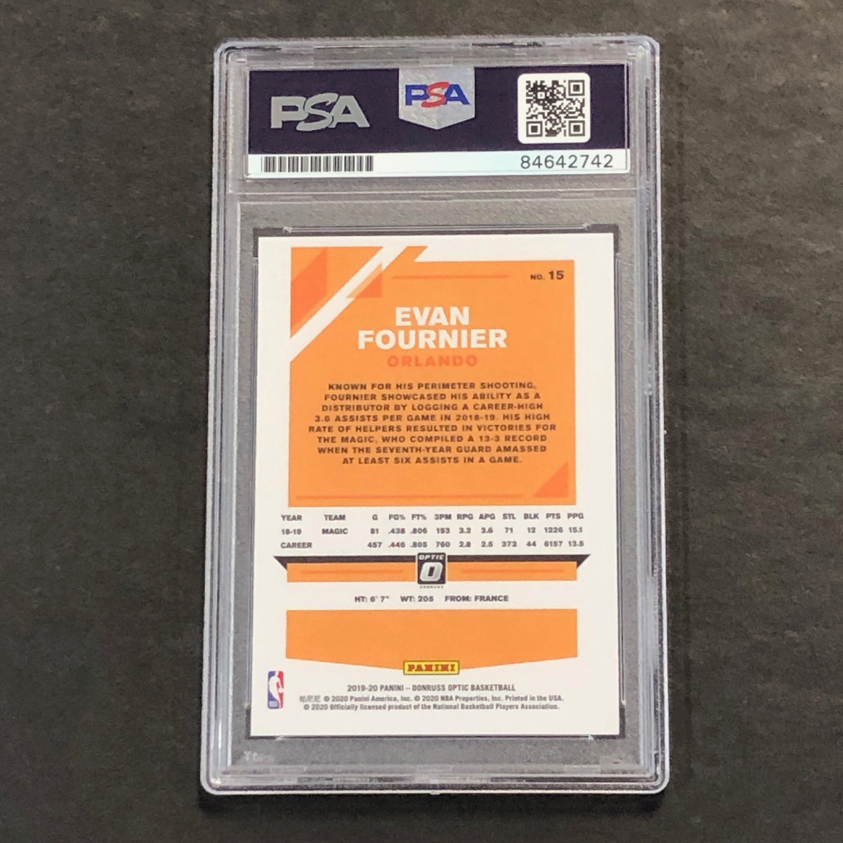 Back of Evan Fournier Donruss Optic #15 card in PSA/DNA holder