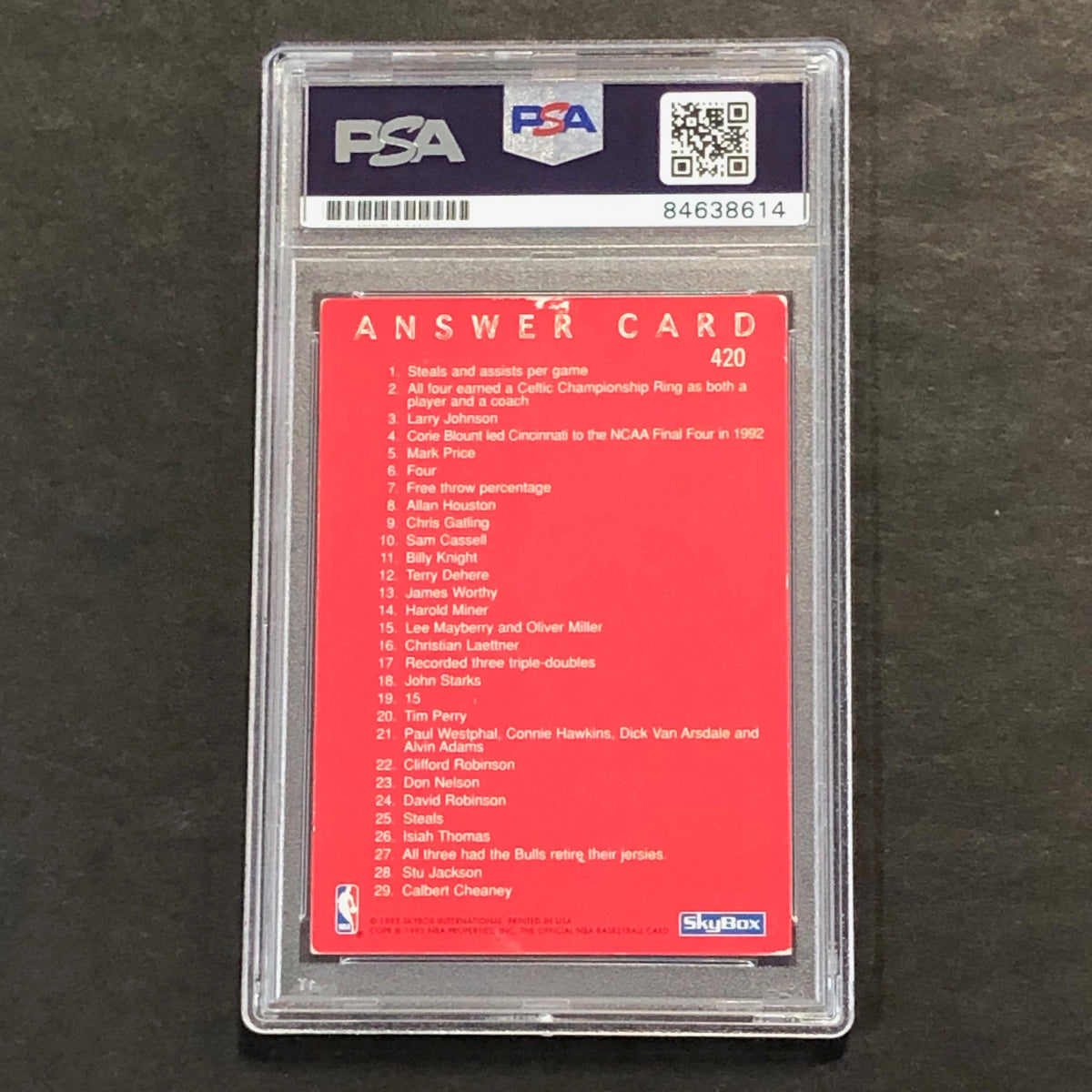 Back of Jay Williams SkyBox Answer Card #420 card in PSA/DNA holder