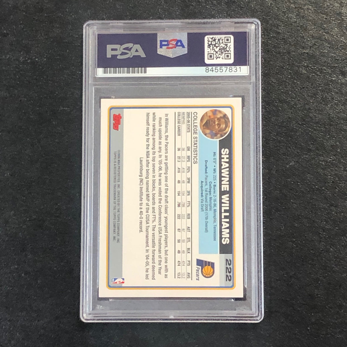 Back of Shawne Williams Topps #222 card in PSA/DNA holder