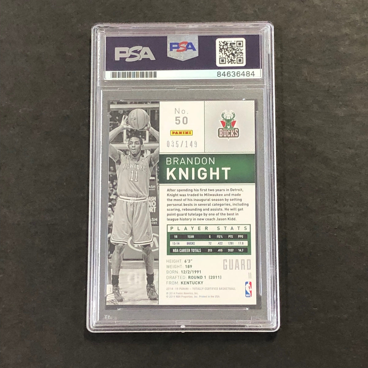 Back of Brandon Knight Totally Certified #50 card in PSA/DNA holder