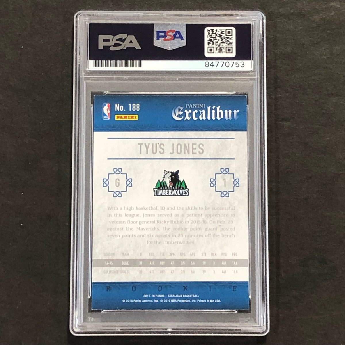 Back of Tyus Jones 2015-16 Excalibur #188 card in PSA/DNA holder