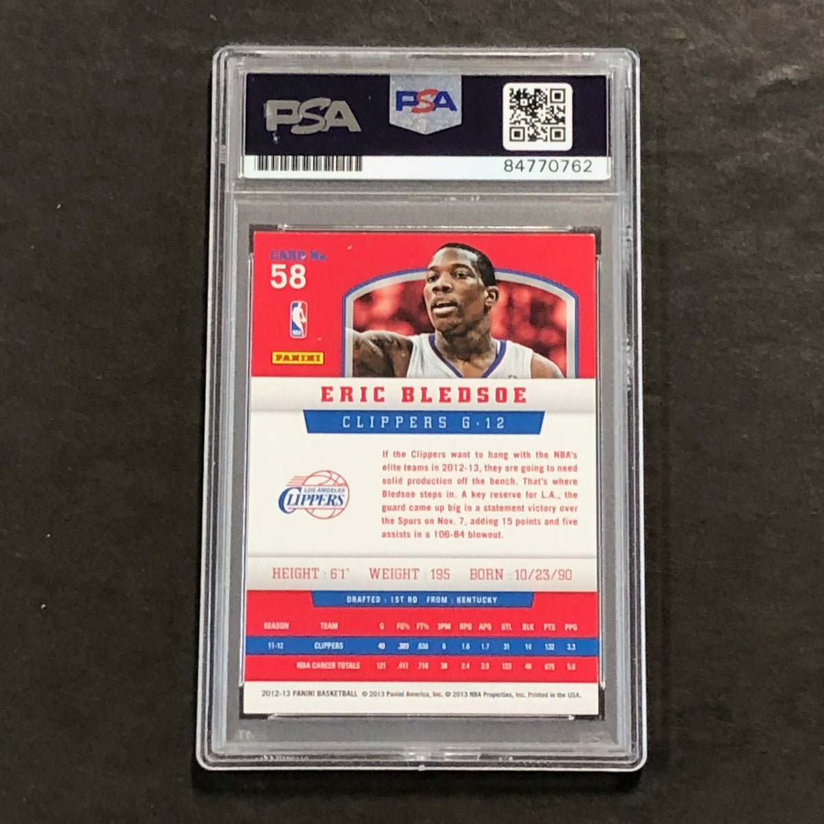 Back of Eric Bledsoe 2012-13 Panini #58 card in PSA/DNA holder
