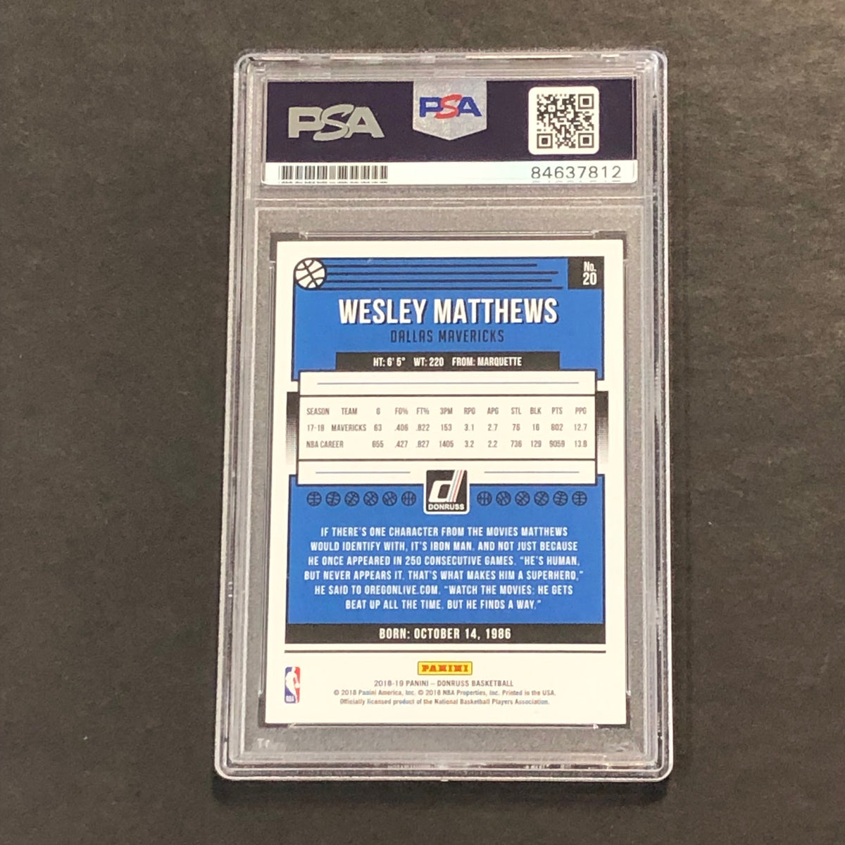 Back of Wesley Matthews 2018-19 Donruss #20 card in PSA/DNA holder