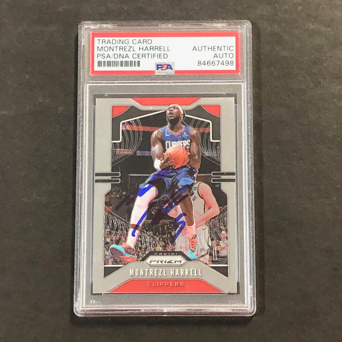 Front of Montrezl Harrell Prizm #124 signed card in PSA/DNA holder