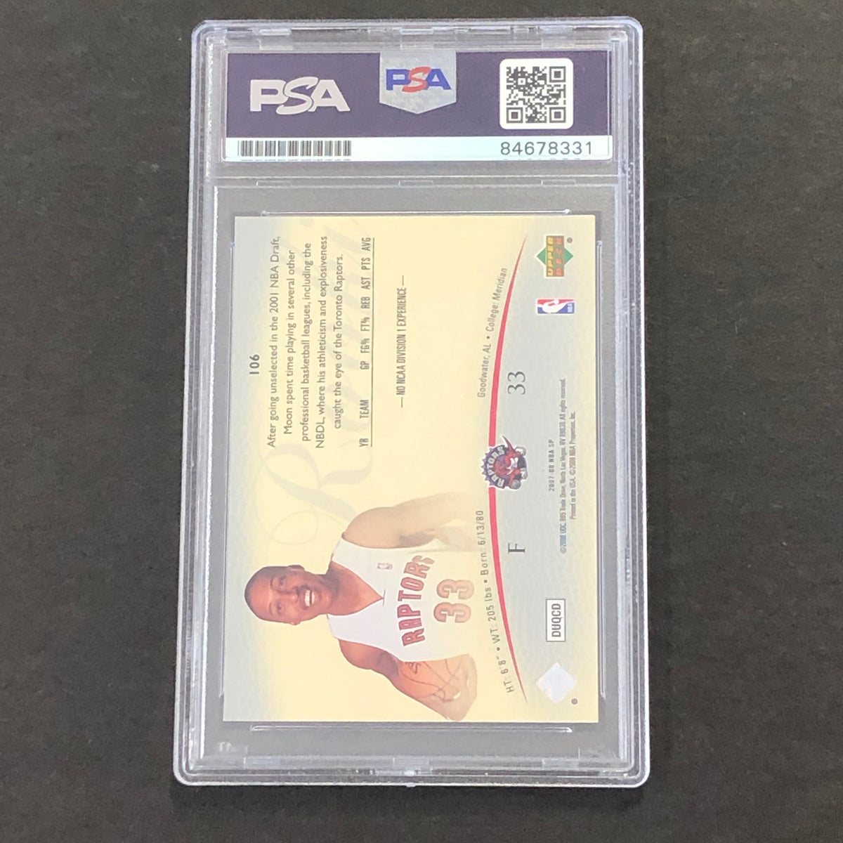 Back of Jamario Moon Rookie Authentic #106 card in PSA/DNA holder