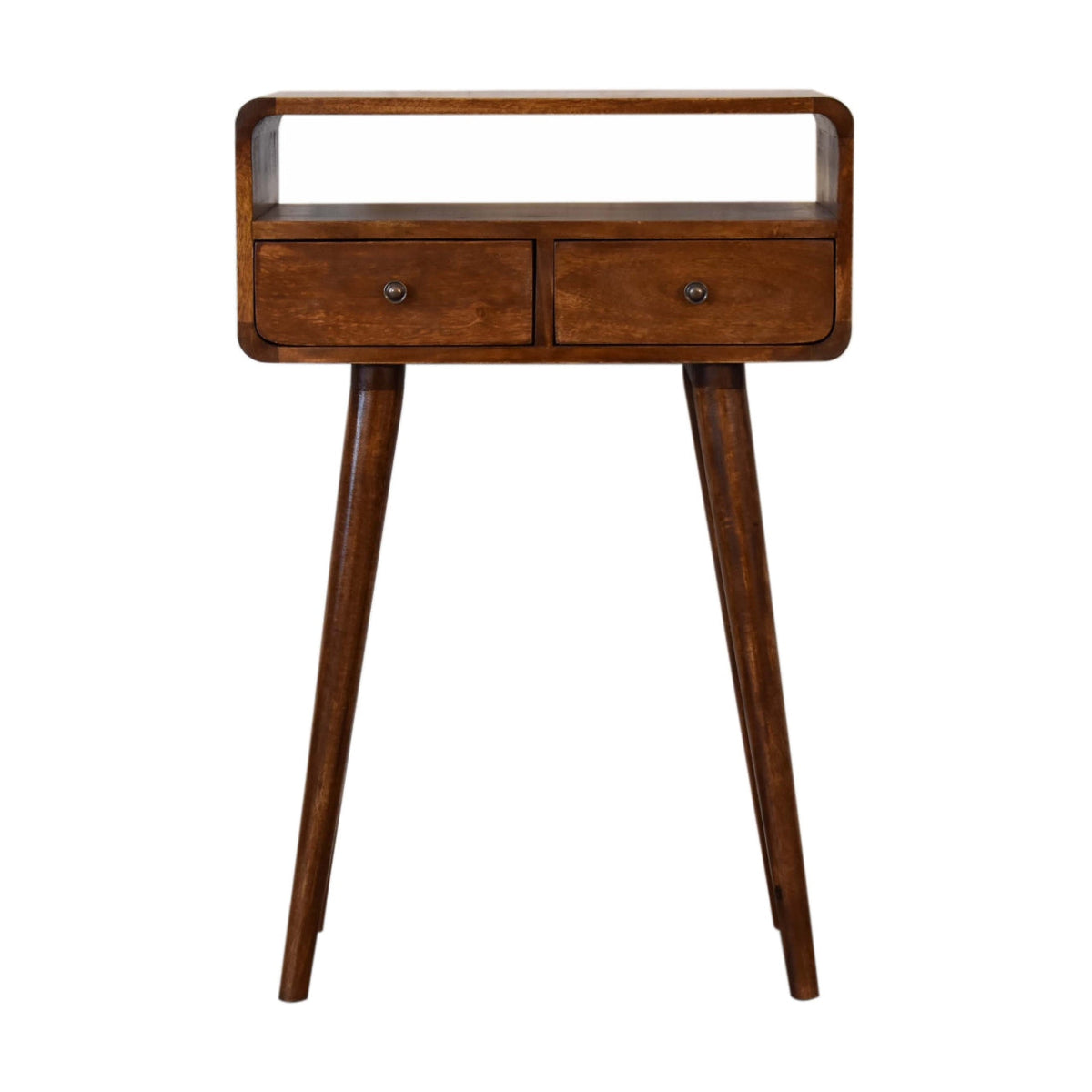 Mini Console Table with Chestnut Finish, Two Drawers and Open Slot