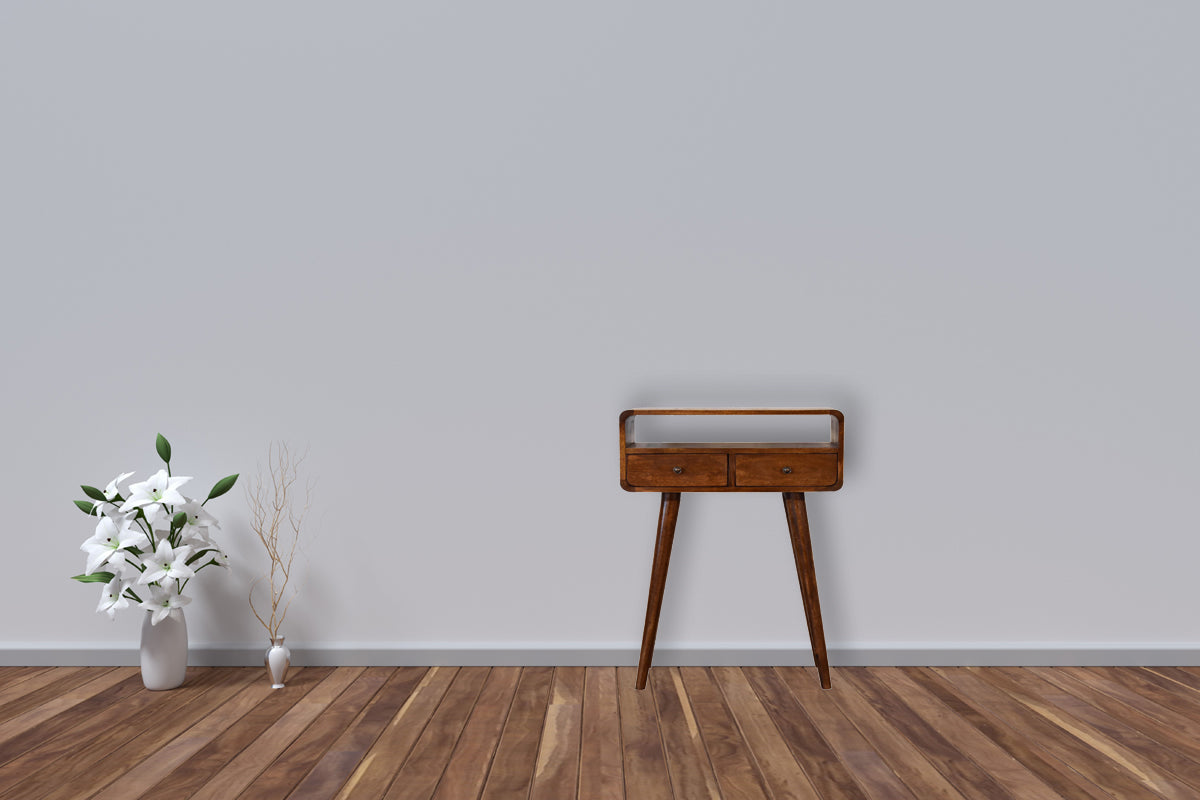 Mini Console Table with Chestnut Finish, Two Drawers and Open Slot - View 10