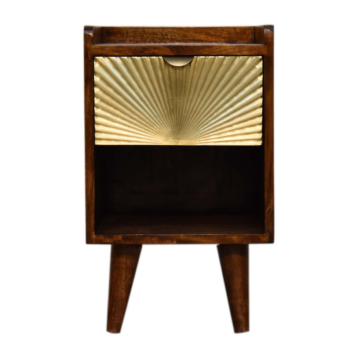 Mini Chestnut Nightstand with Brass-Plated Sun-Rise Drawer Front - View 2