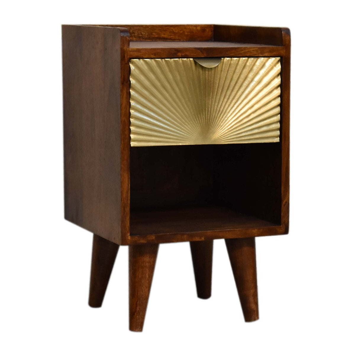 Mini Chestnut Nightstand with Brass-Plated Sun-Rise Drawer Front - View 4