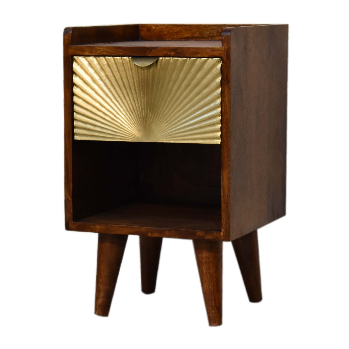 Mini Chestnut Nightstand with Brass-Plated Sun-Rise Drawer Front - View 5