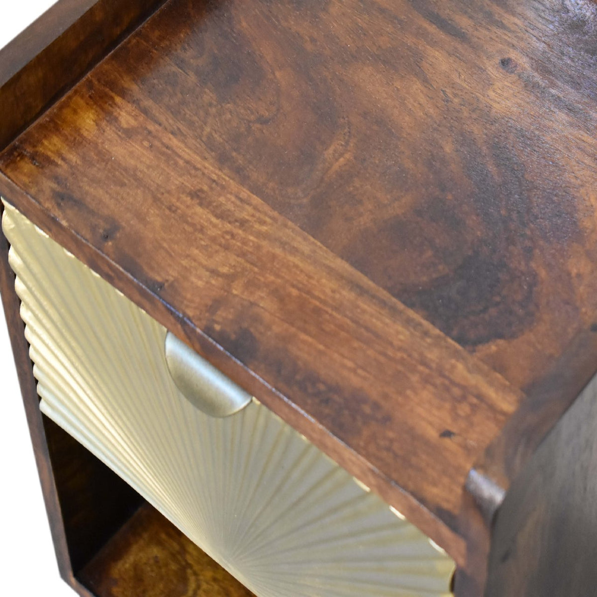 Mini Chestnut Nightstand with Brass-Plated Sun-Rise Drawer Front - View 7