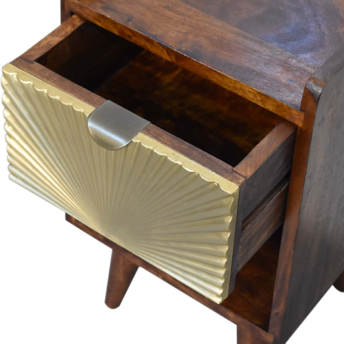Mini Chestnut Nightstand with Brass-Plated Sun-Rise Drawer Front - View 8