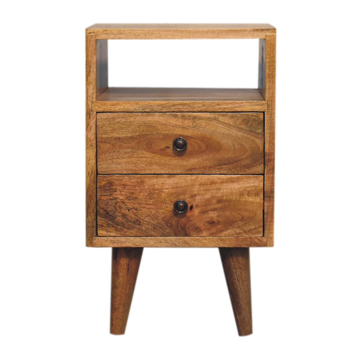 Mini Classic Mango Wood Nightstand with Open Slot and Two Drawers - View 3