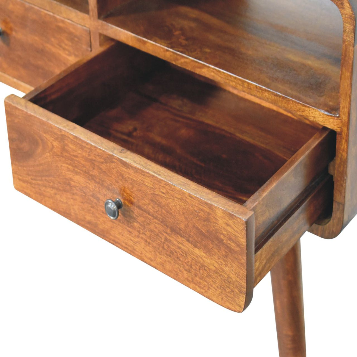 Console Table with 3 Drawers, Open Shelves and Chestnut Finish - View 8