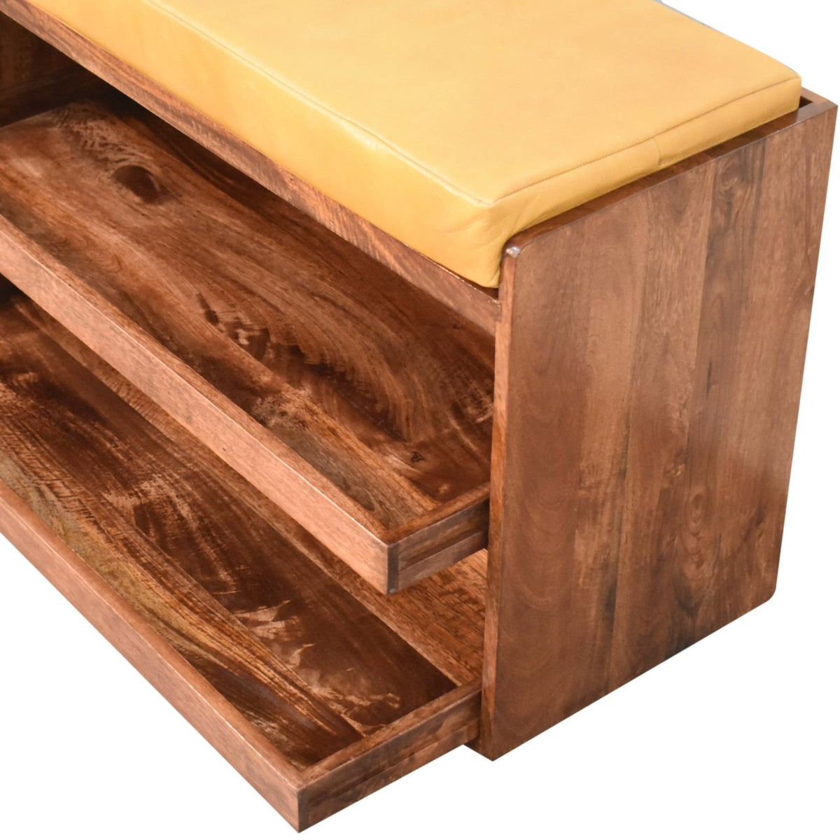 Shoe Storage Bench with Buffalo Tan Leather Top, Solid Mango Wood - View 7