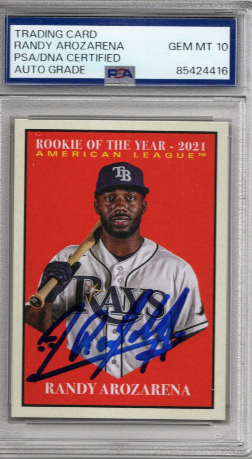 Randy Arozarena Autographed Tampa Rays 2022 Topps ROY GEM MT 10 Trading Card PSA 85424416