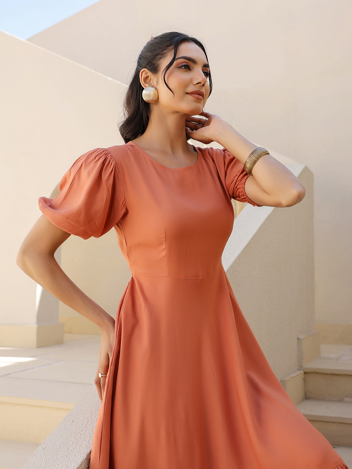 Janasya Dark Rayon Solid A-Line Dress