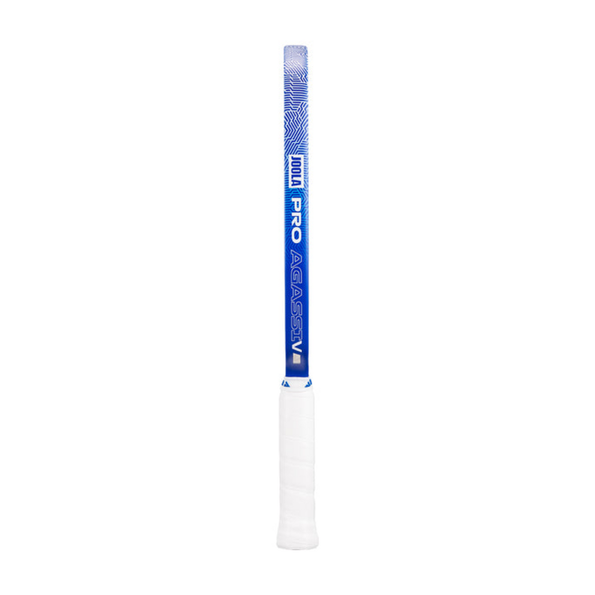 White golf club shaft with blue and white patterned label on a white background