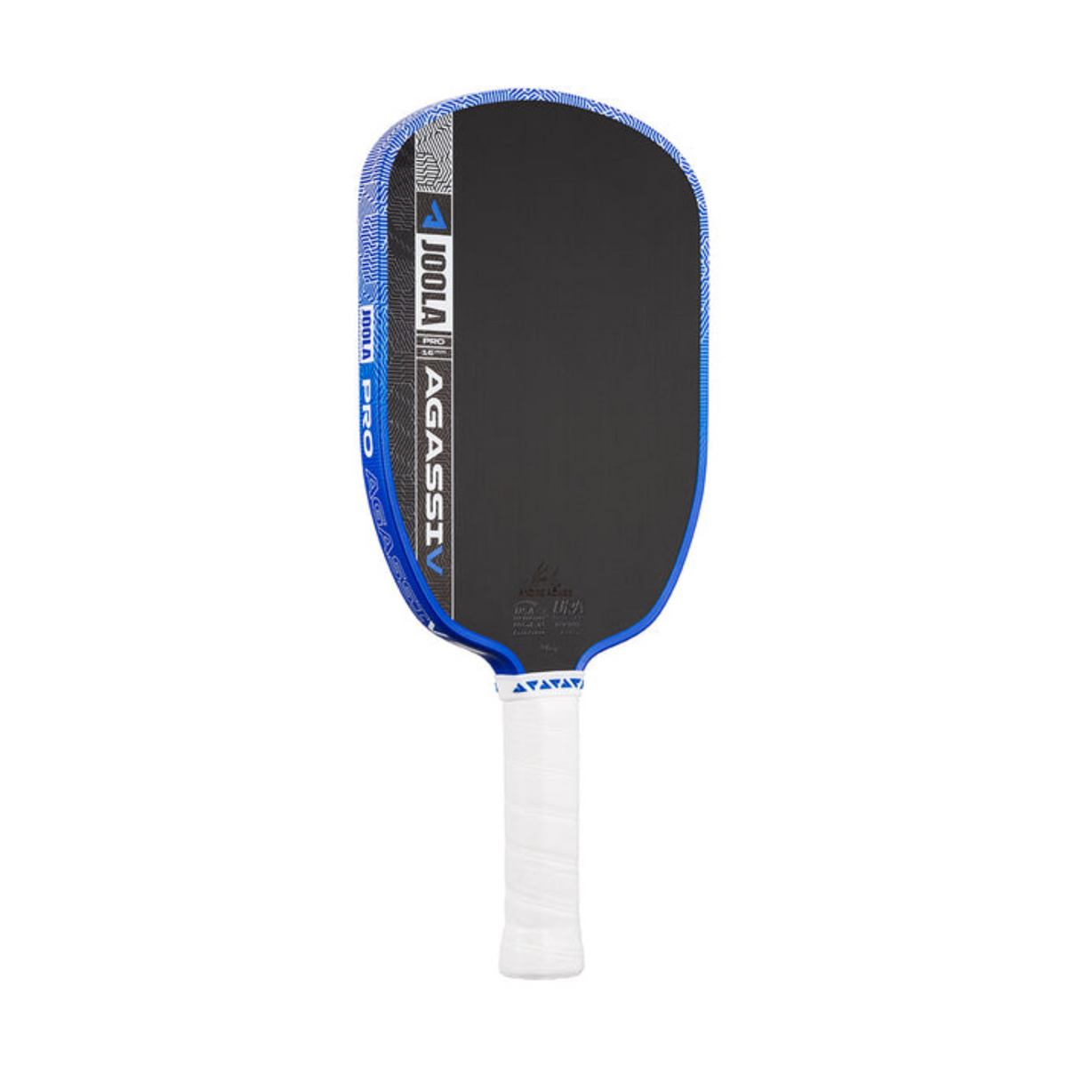 Pickleball paddle with black surface and blue edges on a white background