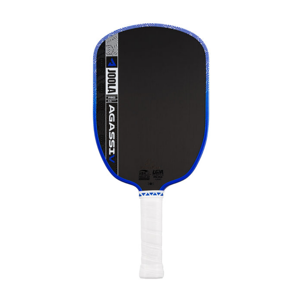 Pickleball paddle with black surface, blue rim, and white handle on a white background