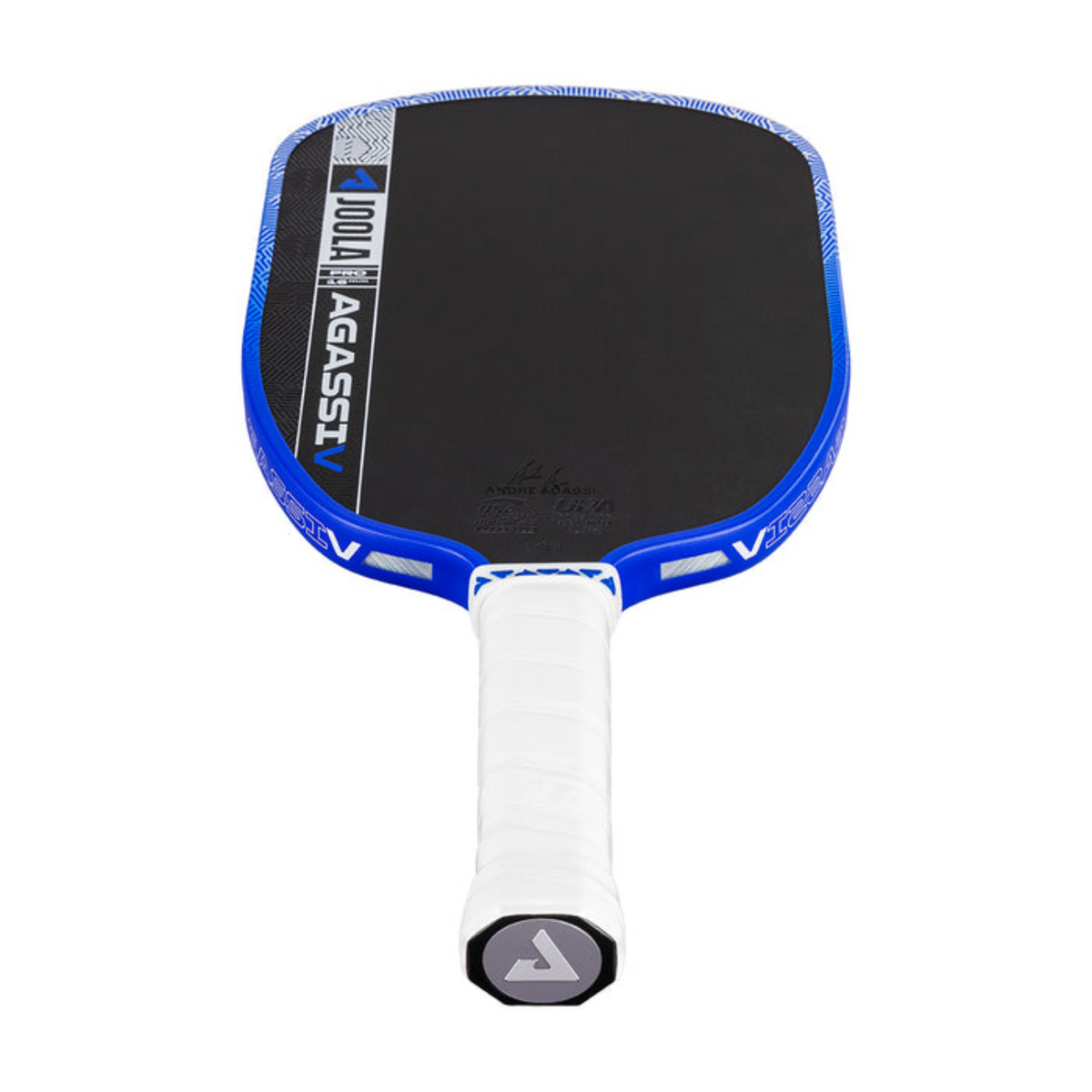 Pickleball paddle with blue and white handle and black face on a white background
