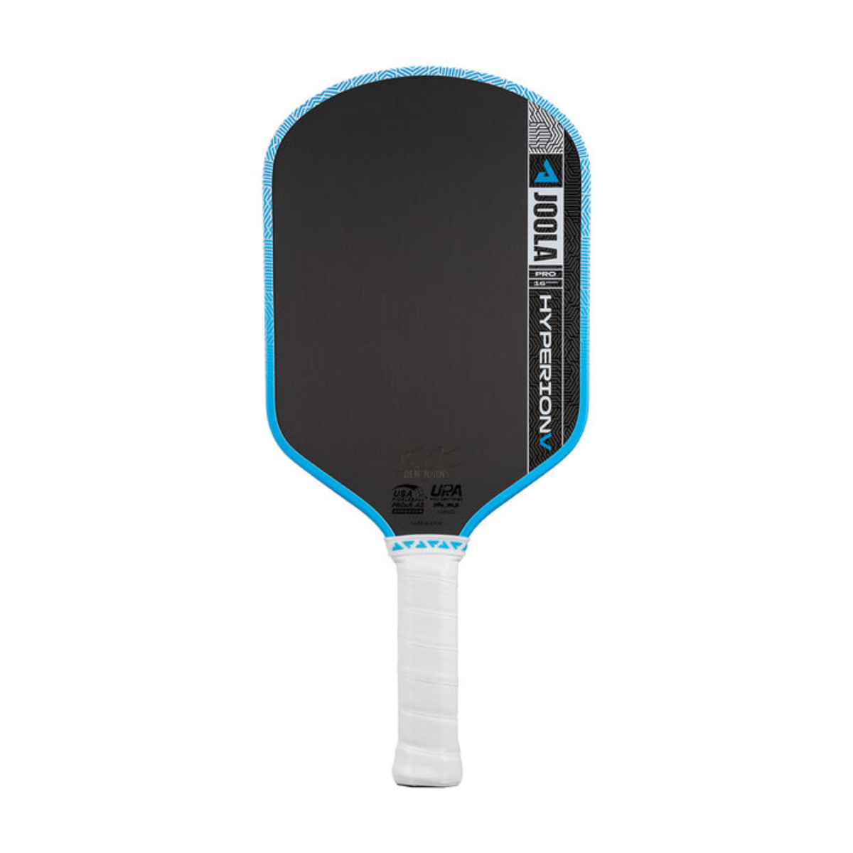 Pickleball paddle with black surface, blue edges, and white handle on a white background
