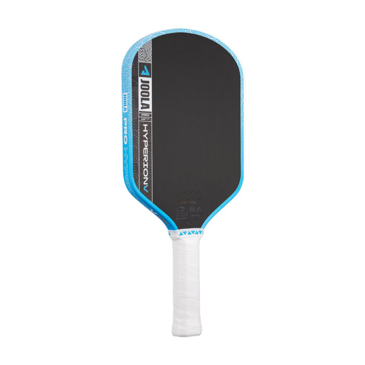 Pickleball paddle with blue rim and white handle on a white background