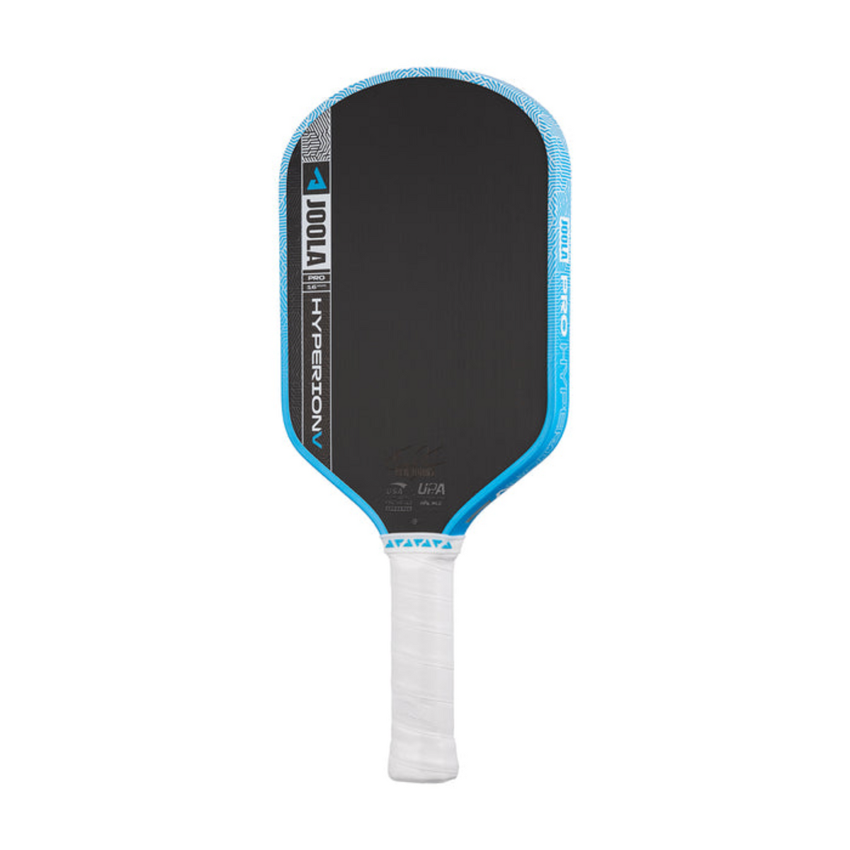 Pickleball paddle with black face, blue rim, and white handle on a white background