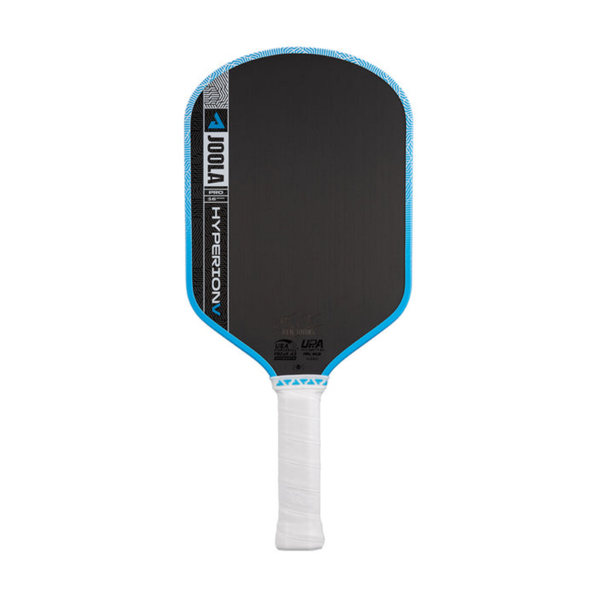 Pickleball paddle with black surface, blue edges, and white handle on a white background