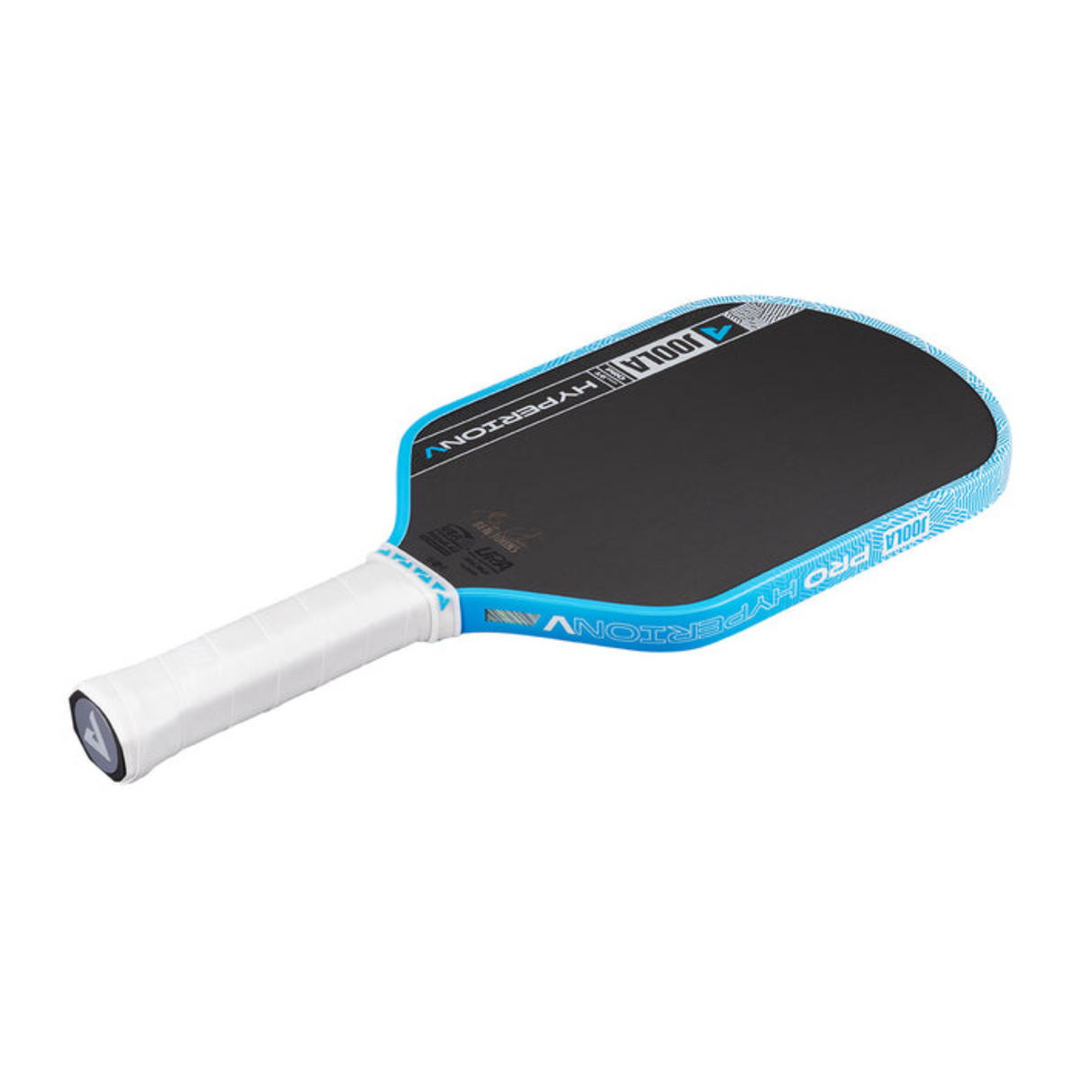 Pickleball paddle with blue and white design on a white background