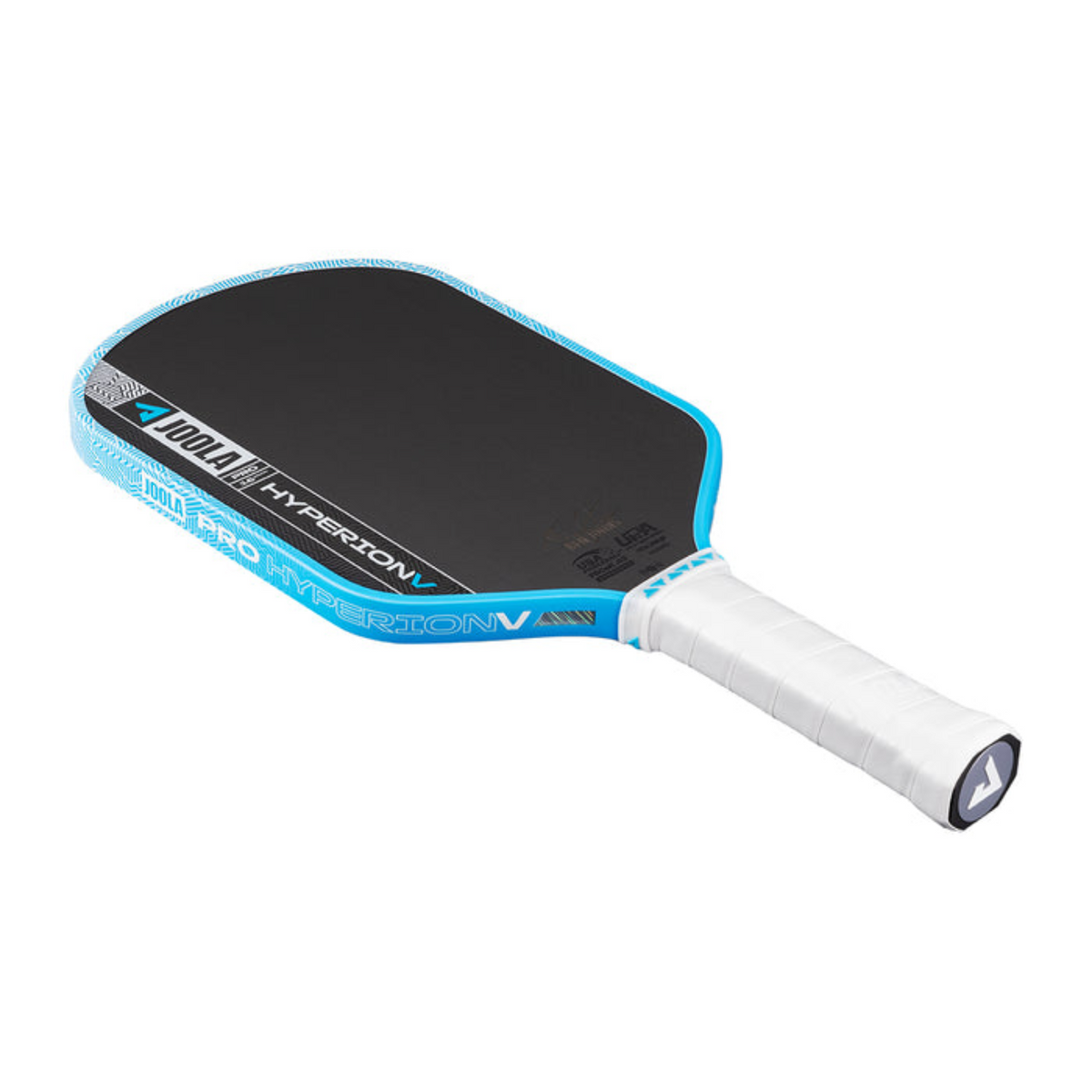 Pickleball paddle with black surface and blue rim on a white background