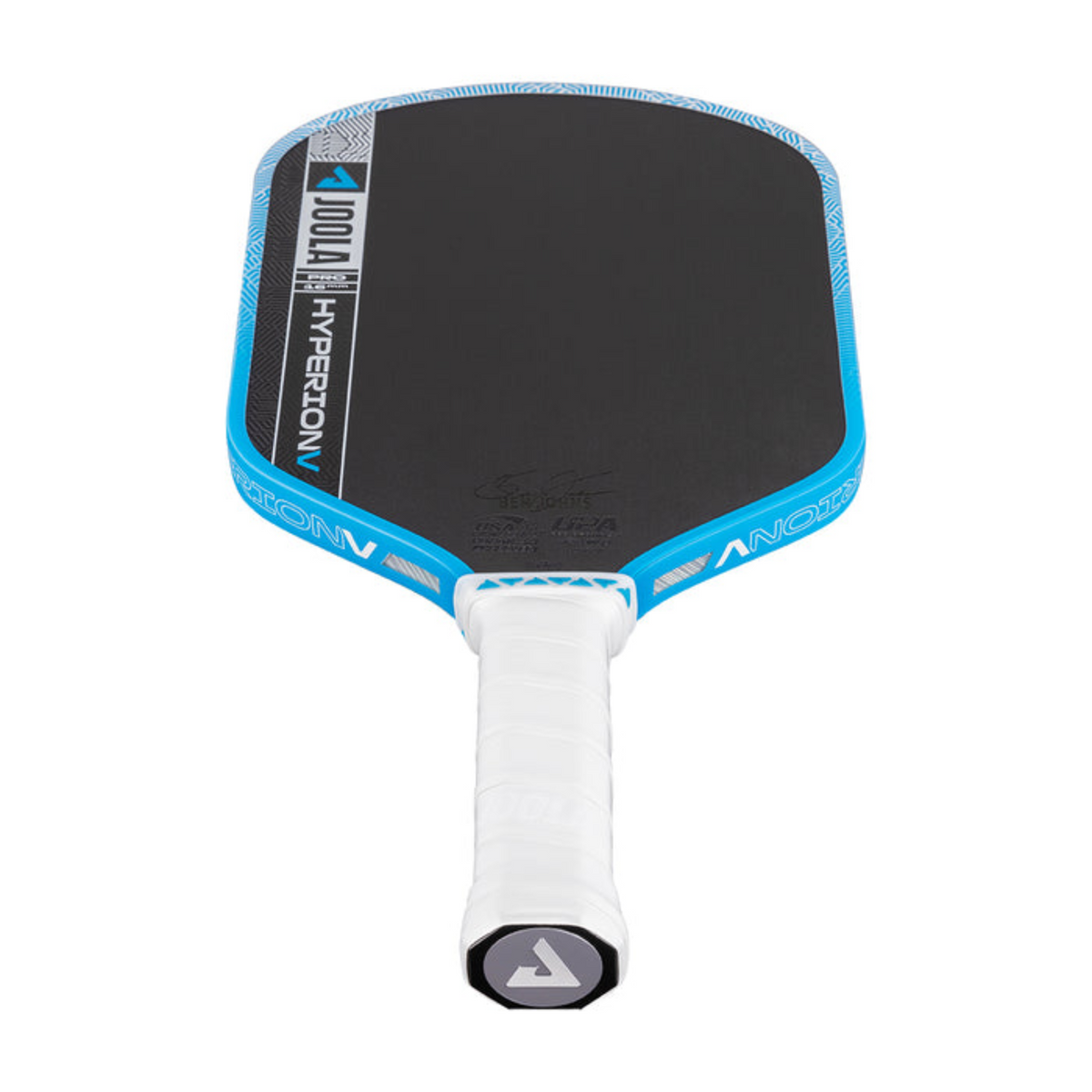 Pickleball paddle with black and blue design on a white background