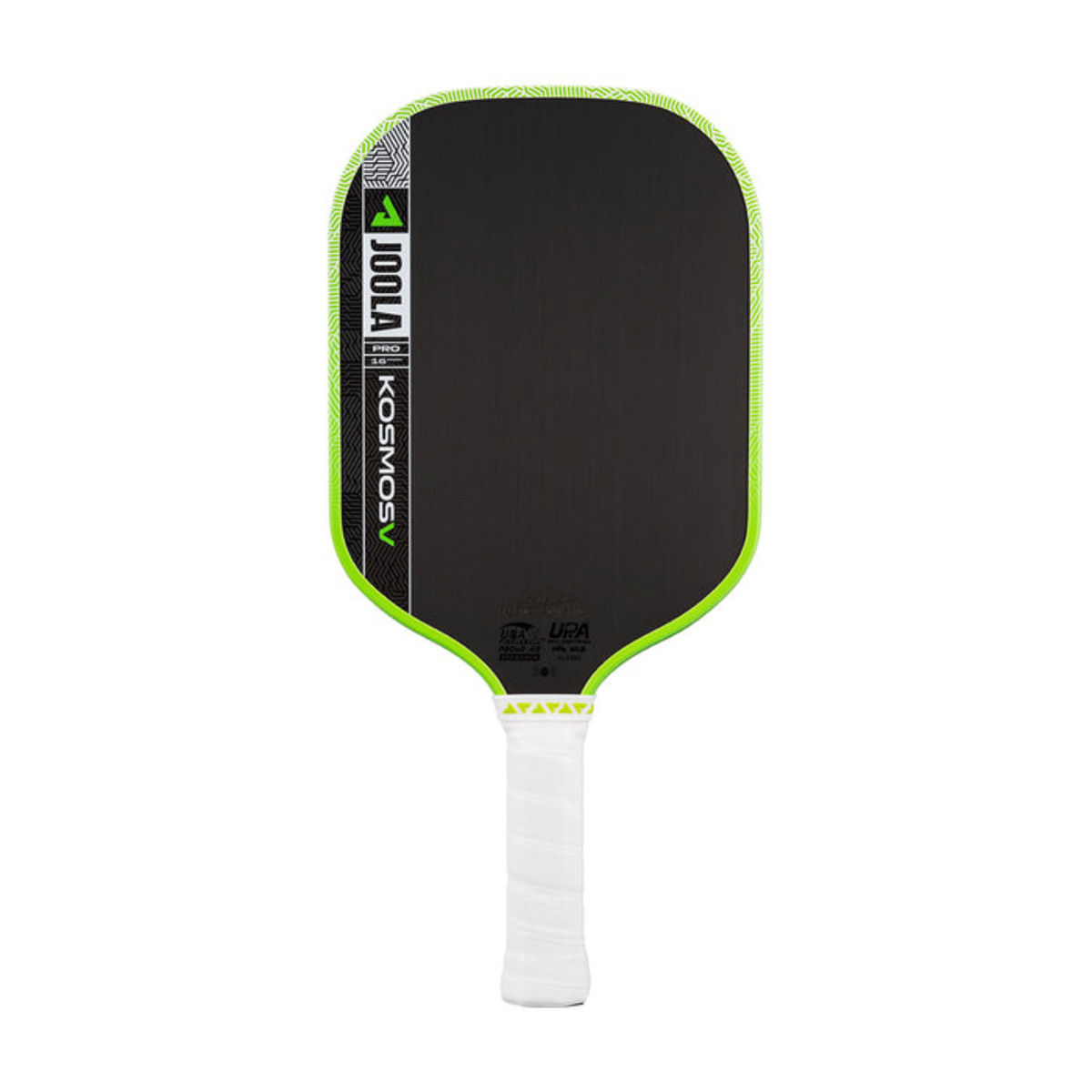 Pickleball paddle with black surface, green rim, and white handle on a white background